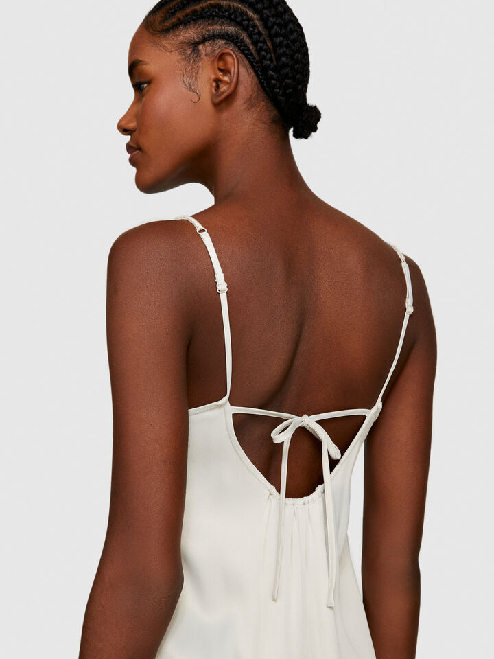 Satin dress with crochet - women's midi dresses - Creamy White | Sisley image number 5